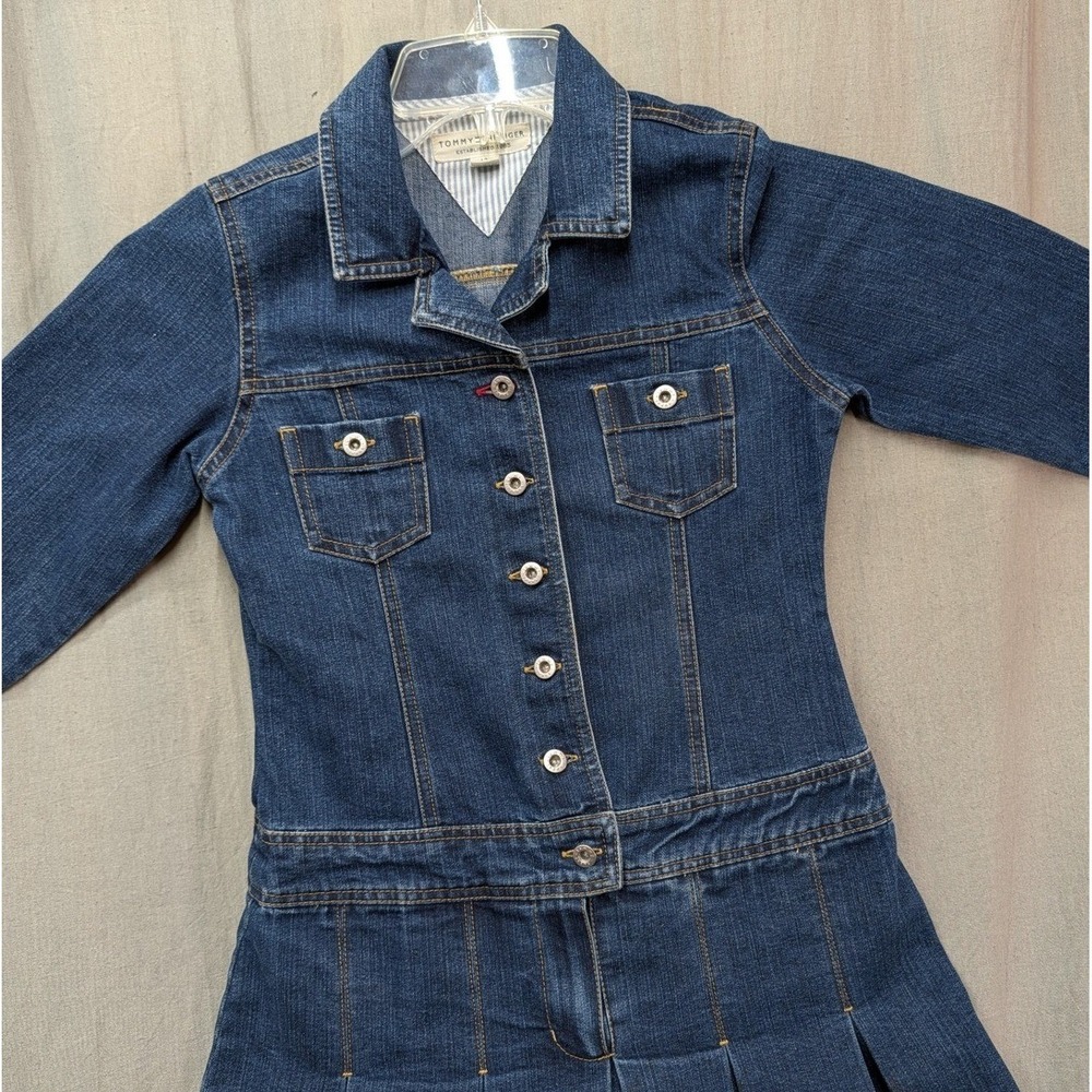 Tommy Hilfiger Girls Blue Denim Pleated Button Front Dress Size 12 Long Sleeve